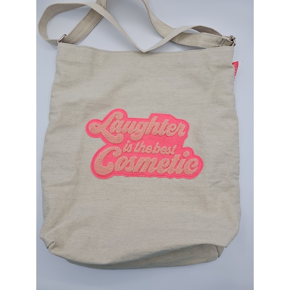 Laughter Is The Best Cosmetic Canvas Tote Crossbody Bag Embroidered Coral Lined